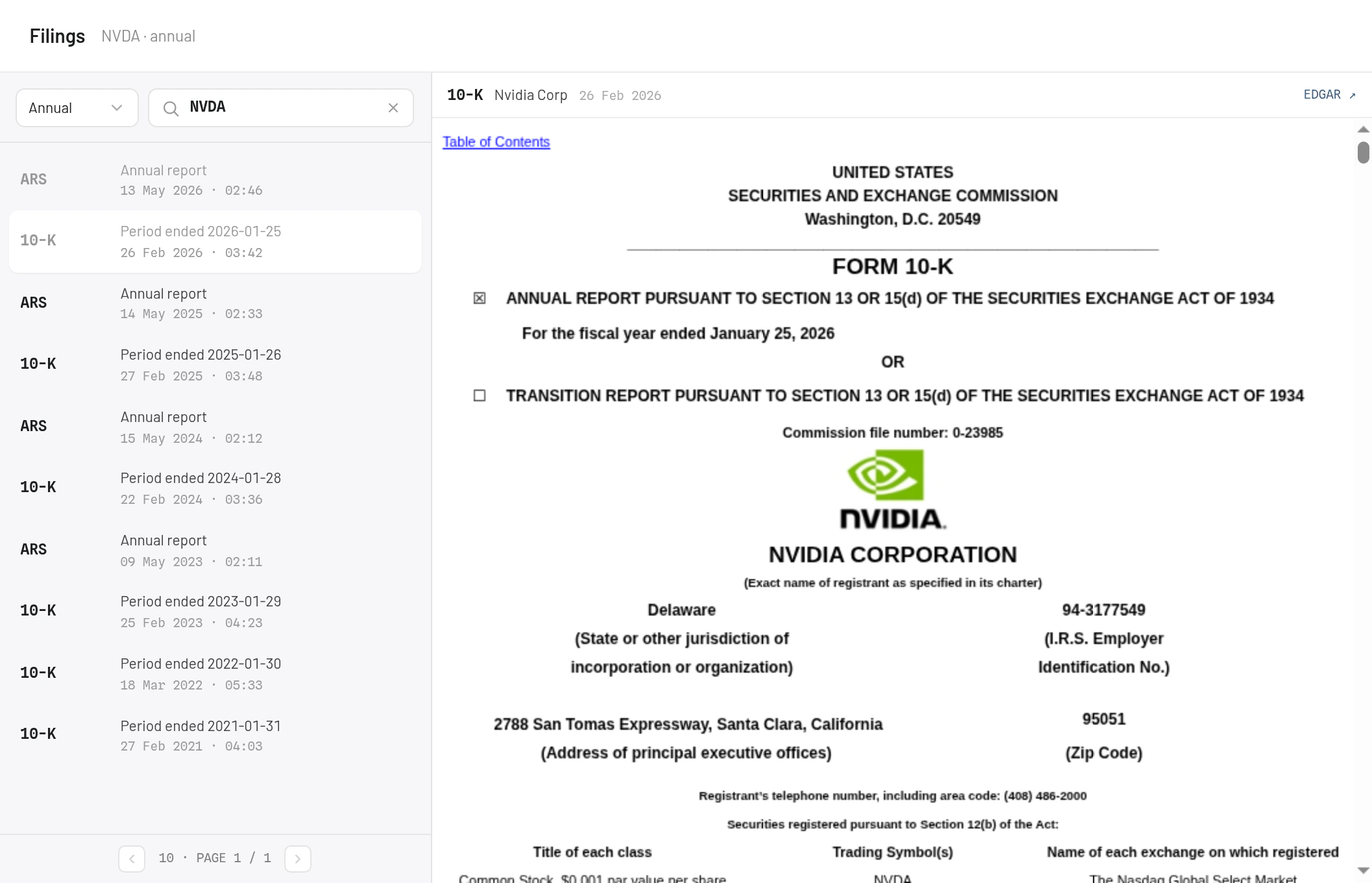 NVIDIA’s annual filings listed on the left, with the latest 10-K open on the right